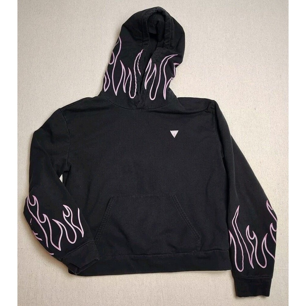 Guess Hoody Pullover Size XS Black With Pink Fire Flames Kangaroo Pockets EE